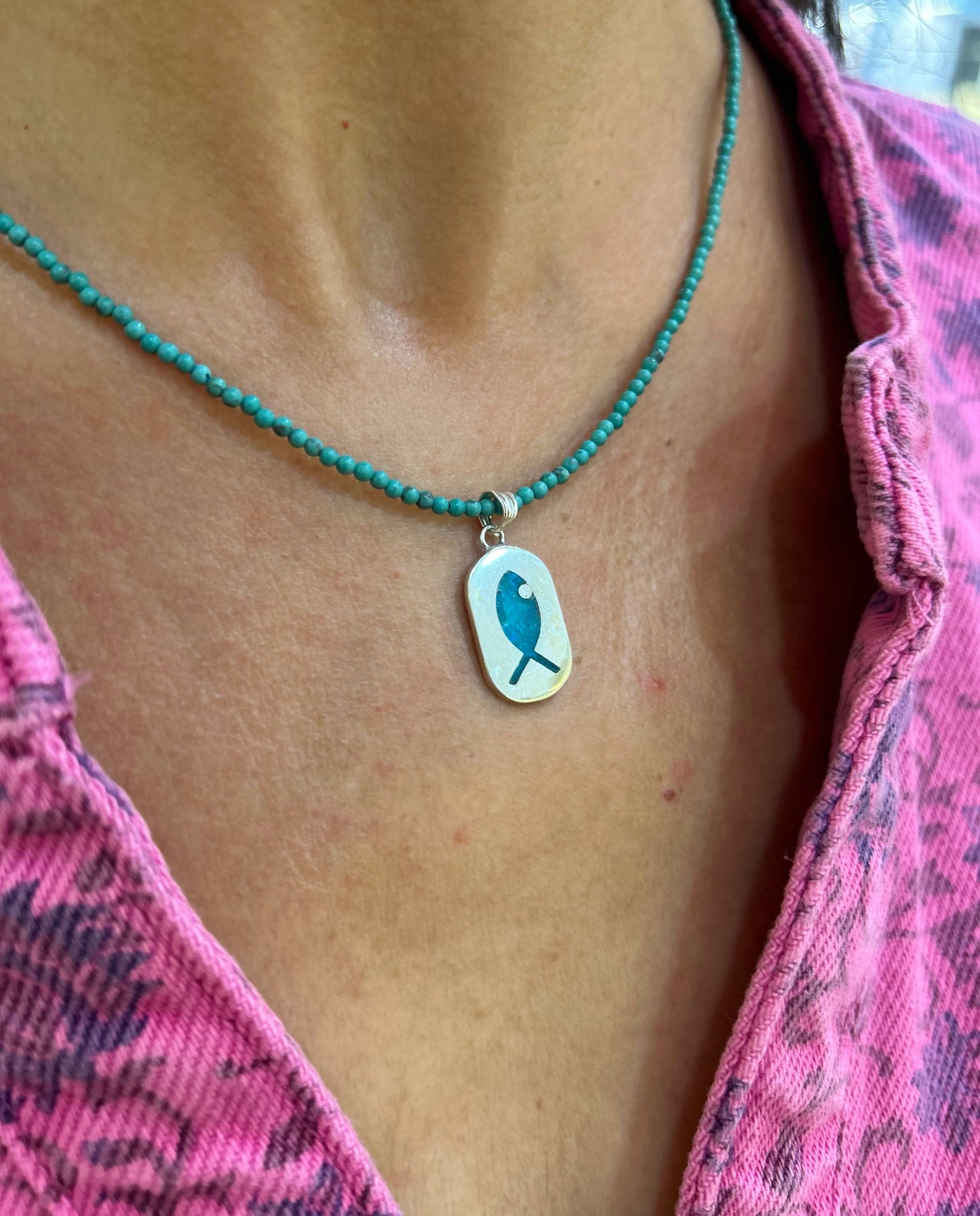 Turkuaz mozaik balık gümüş kolye