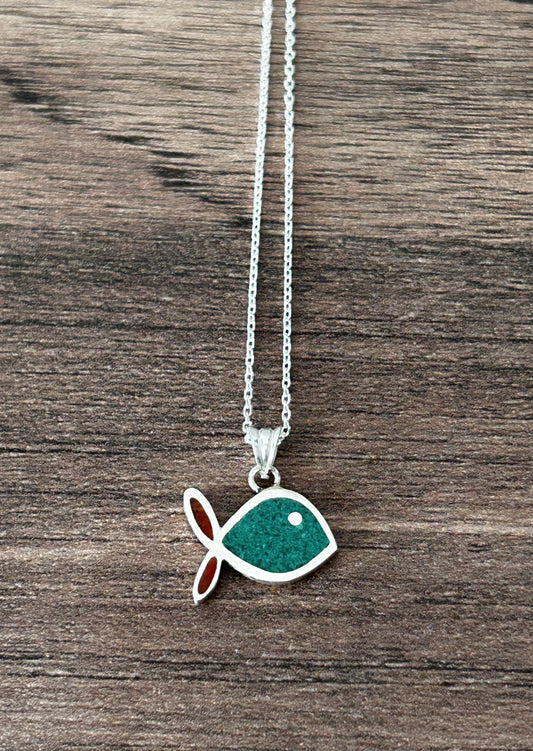 Malahit & Mercan mozaik balık kolye