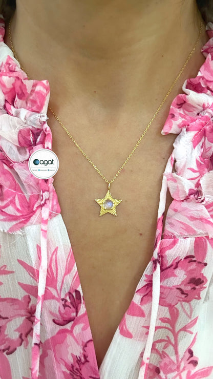 Gümüş Ay taşı Yıldız Kolye