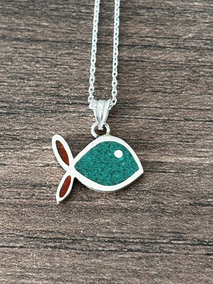 Malahit & Mercan mozaik balık kolye