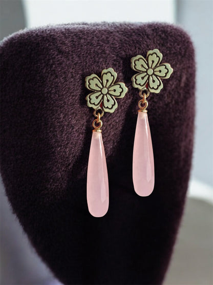 Pembe Kuvars çiçek gümüş küpe