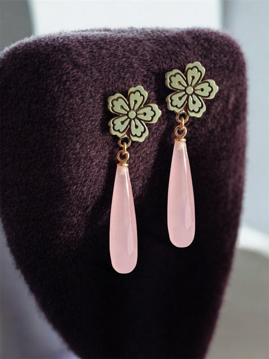 Pembe Kuvars çiçek gümüş küpe