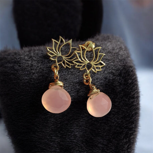 Pembe Kuvars Lotus gümüş küpe