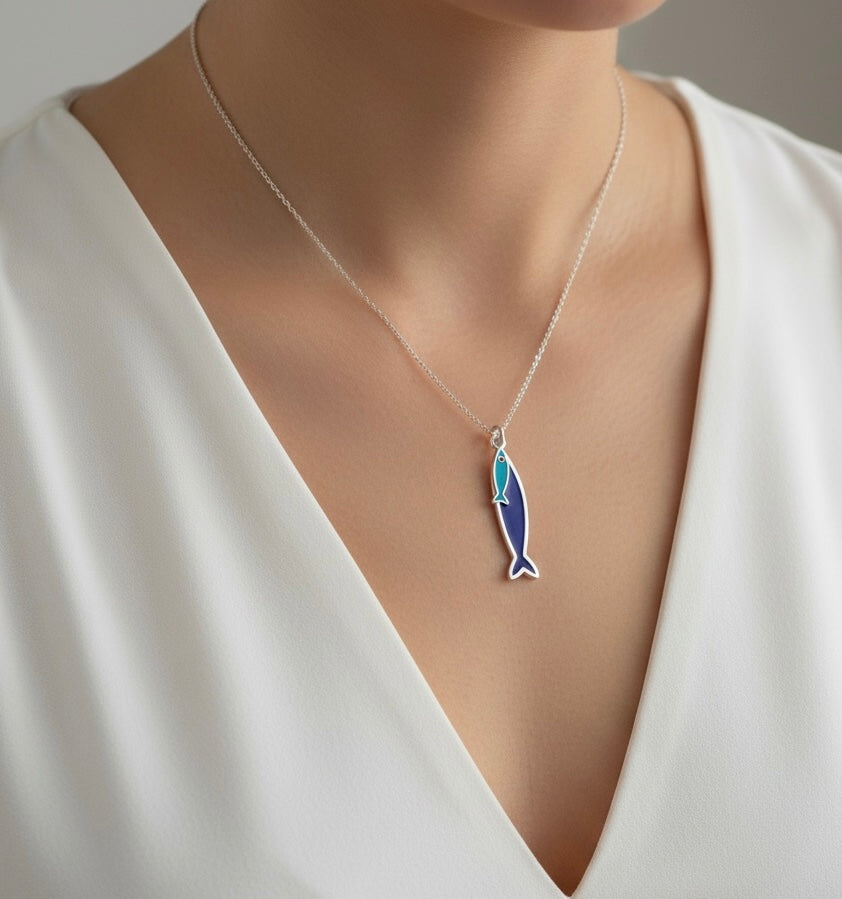 Lapis & Turkuaz yavrulu balık mozaik gümüş kolye